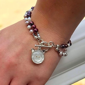 Vintage Button Cat Bracelet, Mothers Day Jewelry Gift for Cat Mom