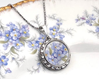 Adjustable Forget Me Not Crystal Necklace, Wedding Anniversary Gift for Wife, Broken China Jewelry