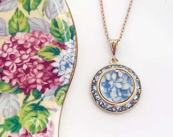 Blue Hydrangea Necklace, Adjustable Gold Crystal Necklace, Vintage Chintz China, Cape Cod Jewelry Gift