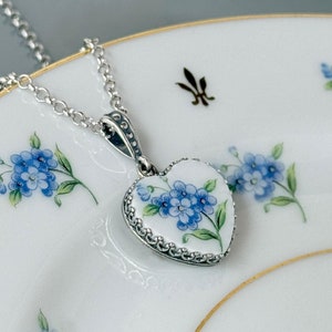 20th Anniversary China Gift for Wife, Sterling Silver Forget Me Not Necklace, Romantic Broken China Jewelry, Handmade Heart Necklace