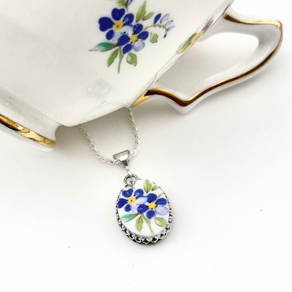 Forget Me Not Necklace, Broken China Jewelry, Handmade Jewelry, 20th Anniversary Gift for Wife, Unique Repurposed China Jewelry Gift