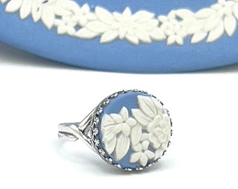 Wedgwood Flower Ring, Blue Jasperware Broken China Jewelry, Adjustable Sterling Silver Ring, Unique Gifts for Women