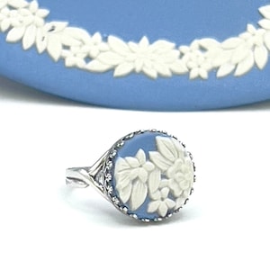 Wedgwood Flower Ring, Blue Jasperware Broken China Jewelry, Adjustable Sterling Silver Ring, Unique Gifts for Women