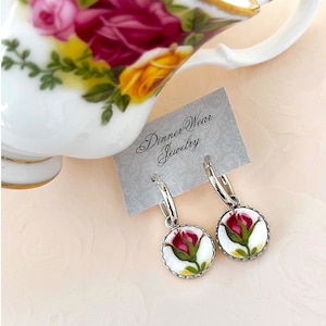 Romantic Rose Earrings, 20th Anniversary Gift for Wife, Broken China Jewelry, Sterling Silver, Royal Albert Old Country Roses, Red Rose Buds