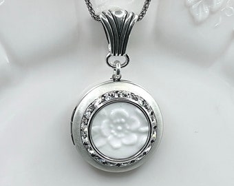 Vintage White Milk Glass Photo Locket, Flower Locket Necklace, Unique Anniversary Gifts for Women