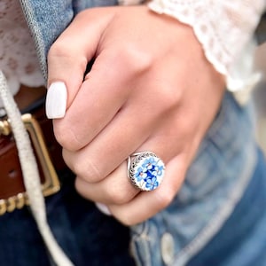 Blue Forget Me Not Adjustable Sterling Silver Ring, Boho Broken China Jewelry, Unique Friendship Gifts for Women, Gifts for Her