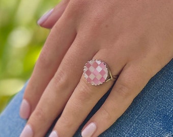 Vintage Pink Mother of Pearl Ring, Shell Jewelry, Sterling Silver Adjustable Rings for Women
