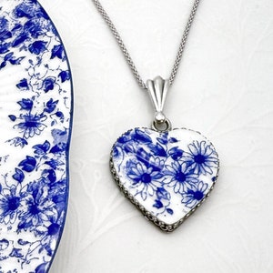 Traditional Porcelain 18th Anniversary Gifts for Wife, Sterling Silver Blue and White Heart Necklace, Vintage Jewelry Gifts for Her