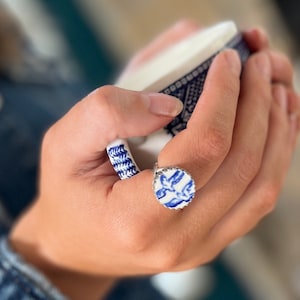 Sterling Silver Blue Willow Broken China Jewelry Ring, Unique Anniversary Gift for Women, Love Birds Jewelry