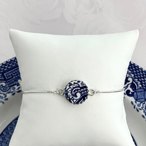 Blue Willow Bolo Bracelet, Broken China Jewelry, 9th Anniversary Gifts, Wife, Sterling Silver