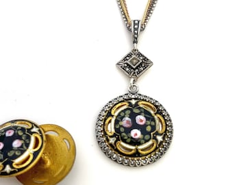 Antique Enamel Button Necklace, Victorian Artisan Jewelry, Marcasite, Unique Gifts for Women