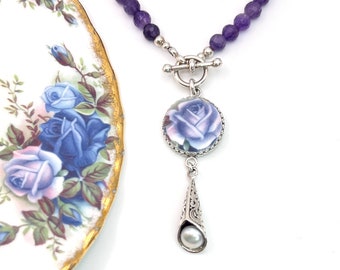 Purple Amethyst Necklace, Royal Albert Moonlight Rose Broken China Jewelry, 20th Wedding Anniversary Gift for Wife