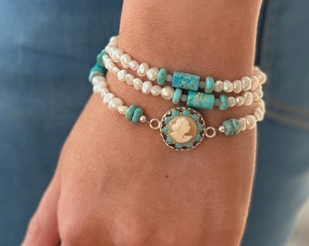 Vintage Shell Cameo Jewelry, Turquoise and Pearl Beaded Wrap Bracelet, Unique Gifts for Women