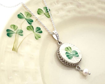 Handmade Irish Jewelry, Belleek Broken China Jewelry, Unique 20th Anniversary Gift for Wife, Celtic Silver Pearl Necklace