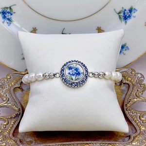 Forget Me Not Freshwater Pearl and Crystal Bracelet, Vintage China, Anniversary Gifts for Wife