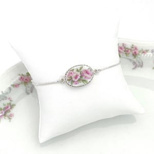 Dainty Pink Rose Bolo Bracelet, Adjustable Silver Bracelet, Antique French Limoges Broken China Jewelry, Unique Jewelry Gifts for Women