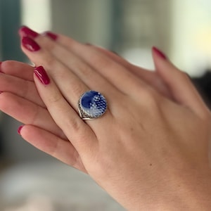Antique Flow Blue Porcelain Ring, Adjustable Sterling Silver Ring, Broken China Jewelry