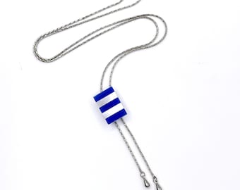 One-of-a-Kind Lapis Lazuli and Mother of Pearl Necklace, Adjustable Bolo Tie Jewelry, Slide Necklace