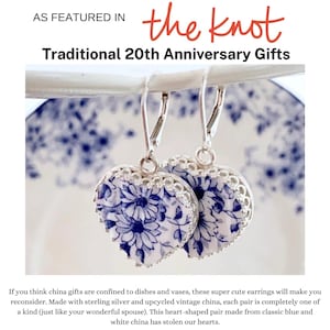 20th Anniversary Gift for Wife, Blue and White Broken China Jewelry, Heart Earrings Gift