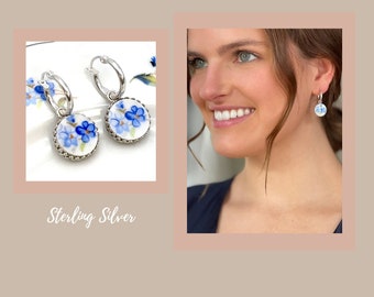 Blue Forget Me Not Sterling Silver Hoop Earrings, Unique 20th Anniversary Gifts, Gift for Wife, Broken China Jewelry