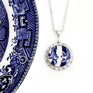 Love Birds China Necklace Broken China Jewelry Romantic 20th Anniversary Gift for Wife Vintage Blue Willow Ware China