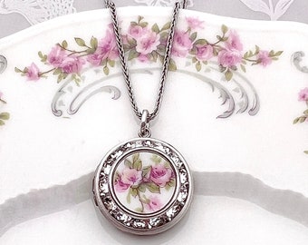 Adjustable Photo Locket Necklace, French Limoges Porcelain Broken China Jewelry, 18th Anniversary Gift for Wife
