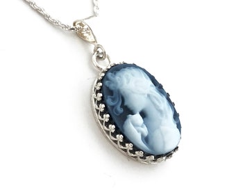 Cat Cameo Necklace, Cat Jewelry, Unique Gifts for Women, Blue Cameo Pendant, Sterling Silver, Woman Holding Cat