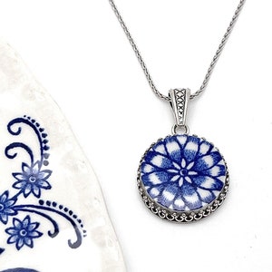 Adjustable Blue Onion Vintage China Necklace, Sterling Silver, Handmade Broken China Jewelry, Unique 20th Anniversary Gift for Wife