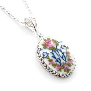 Pink Rose Floral Necklace, Broken China Jewelry, 20th Anniversary Gift for Wife, Victorian Jewelry, Gifts for Women