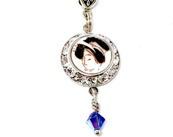 Silver Geisha Girl Necklace, Handmade Repurposed Broken China Jewelry, China Necklace, Broken Plate Necklace, Gift for Friend, Blue