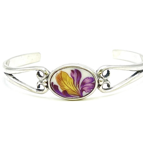 Sterling Silver Iris Flower Bracelet, Unique 25th Wedding Anniversary Gift for shops Wife, Porcelain Jewelry