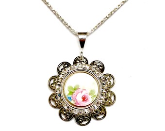 Rose Necklace, Broken China Jewelry, Swarovski Crystal Necklace, Pink Flower Necklace Jewelry