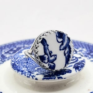 Blue Willow Love Birds, Silver Rings for Women, Broken China Jewelry, Romantic Anniversary Gift for Wife