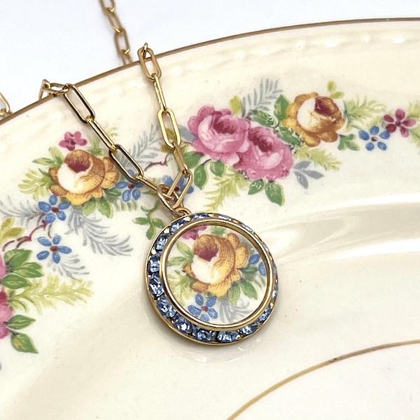 Gold Filled Chain Yellow Rose Necklace, Crystal Broken China Jewelry, Unique Friendship Flower Gift