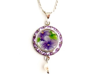 Graduation Gift for Girl. Purple Violets Necklace, Swarovski Crystal Necklace, Repurposed, Broken China Jewelry