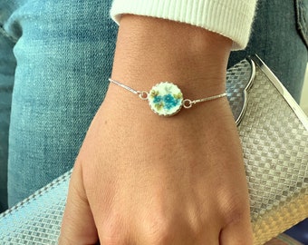 Forget Me Not Dainty Adjustable Bolo Bracelet, Broken China Jewelry, Sterling Silver, Unique Anniversary Gift for Women