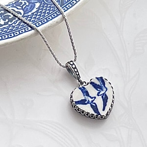 Blue Willow Love Birds Heart Necklace, Broken China Jewelry, 20th Anniversary Gift for Wife, Sterling Silver, Unique Romantic Gifts