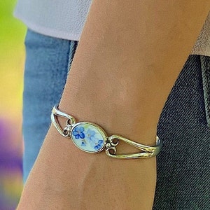 Broken China Forget Me Not Flower Cuff Bracelet, Birthday Gift, 20th Anniversary Gift for Wife, Repurposed Jewelry, Unique Gifts for Women