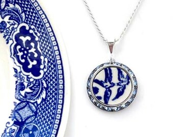 Love Birds China Necklace Broken China Jewelry Romantic 20th Anniversary Gift for Wife Vintage Blue Willow Ware China