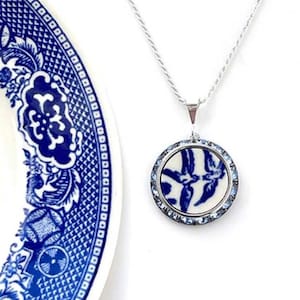 Love Birds China Necklace Broken China Jewelry Romantic 20th Anniversary Gift for Wife Vintage Blue Willow Ware China image 1