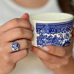 Blue Willow Vintage China Ring, Adjustable Sterling Silver Rings