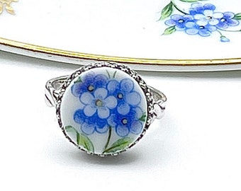 Adjustable Sterling Silver Flower Ring, Forget Me Not Broken China Jewelry, Unique Gifts for Women