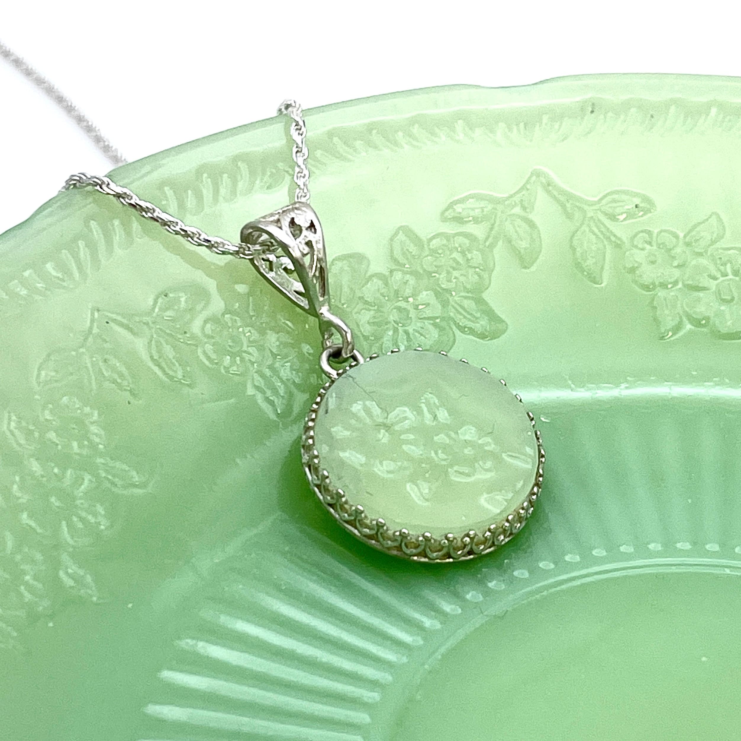 Fire King Alice Jadeite Jewelry Necklace, Sterling Silver, Unique