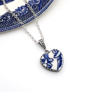 Blue Willow Love Birds Heart Necklace, Broken China Jewelry, 20th Anniversary Gift for Wife, Sterling Silver, Unique Romantic Gifts