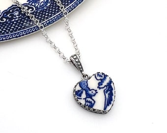 Blue Willow Love Birds Heart Necklace, Broken China Jewelry, 20th Anniversary Gift for Wife, Sterling Silver, Unique Romantic Gifts