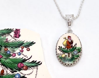 Christmas Broken China Necklace, Spode Christmas Tree, Unique Christmas Gifts for Wife, Santa Jewelry Gifts for Women