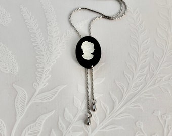 Vintage Black Glass Cameo Necklace, Adjustable Long Silver Necklace, Unique Gift for Her