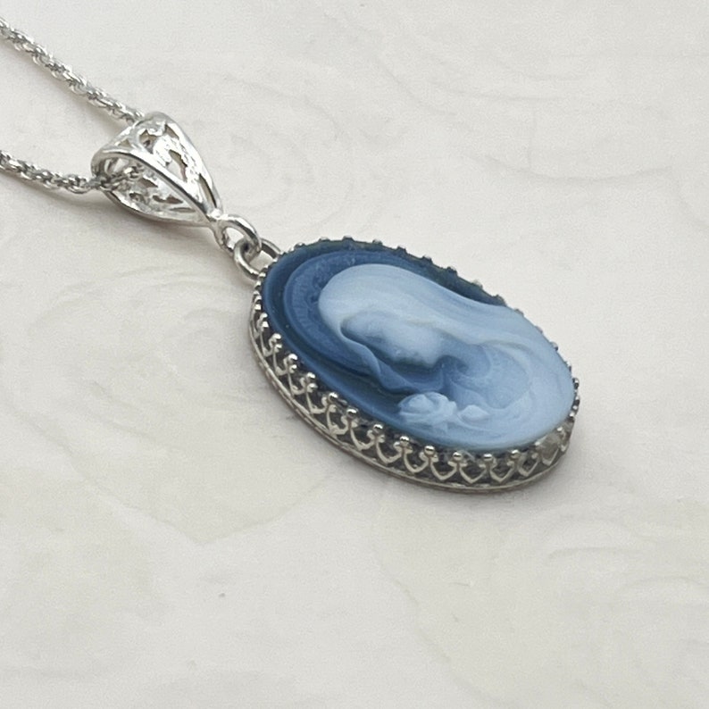 Blessed Mother Mary Blue Cameo Necklace, Religious Jewelry, Gifts for Women, Gemstone Cameo, Mothers Day Gift image 2