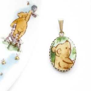 14k Gold Pendant, Broken China Jewelry, Winnie the Pooh, Vintage Pooh Bear Jewelry, Gift for Wife, Unique Gifts for Women for Mom