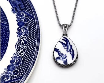 Sterling Silver Love Birds China Necklace, Broken China Jewelry, 20th Anniversary Gift for Wife, Blue Willow Ware Vintage China Jewelry